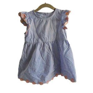 Blue & pink striped Seersucker Dress pink clam trim accent, 3T Cap Sleeve